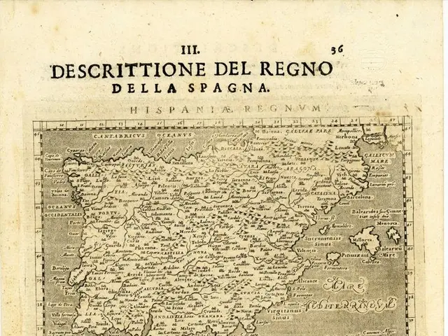 The image shows an old book with a map of Spain on it. The map is detailed and shows the various...
