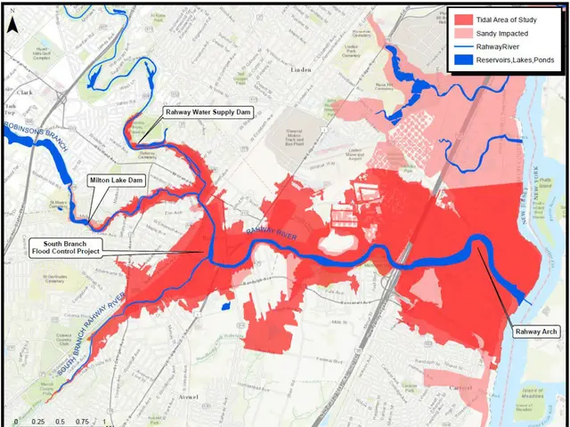 The image shows a map of the city of New York City with a red and blue color scheme, indicating the...