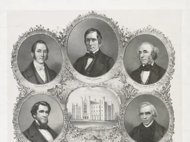 The image shows a black and white photo of a group of men in suits and ties, with a building in the...