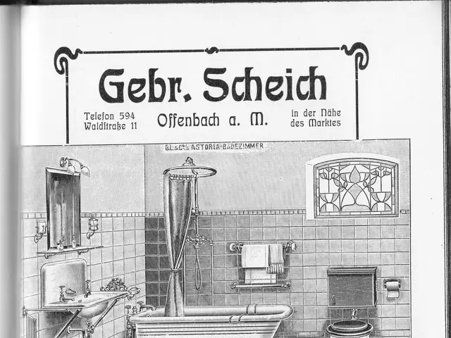 The image shows an old advertisement for a bathroom with a bathtub, toilet, sink, mirror, shower,...