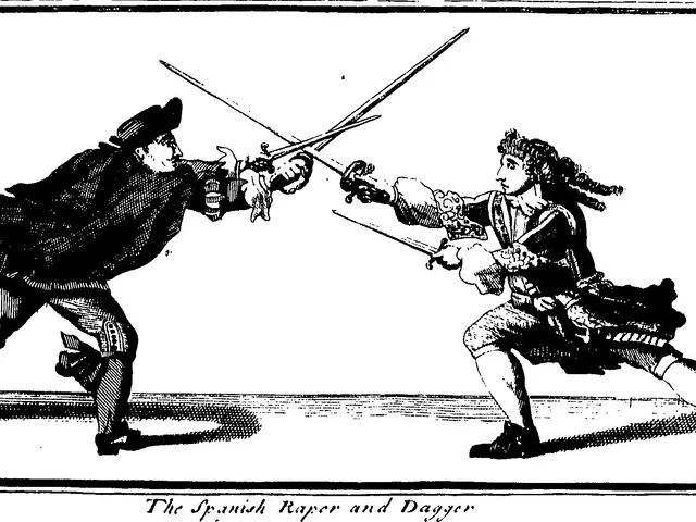 The image shows two people engaged in a fierce battle, each holding a sword in their hands. At the...