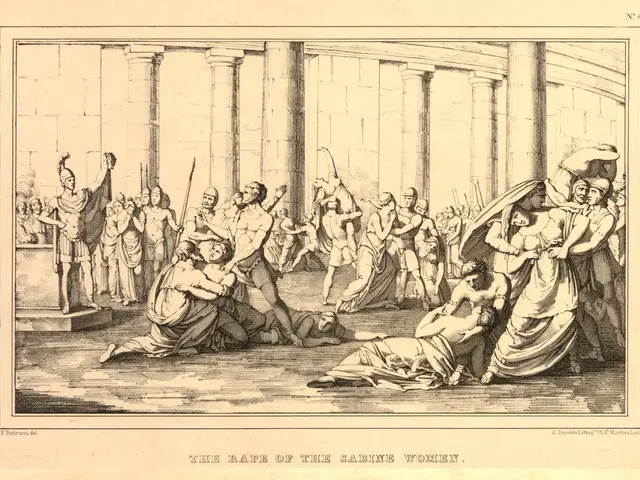 The image shows a group of people in a room with pillars and a wall in the background. At the...