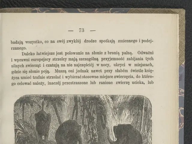 The image shows an open book with a drawing of two elephants in the jungle surrounded by trees and...