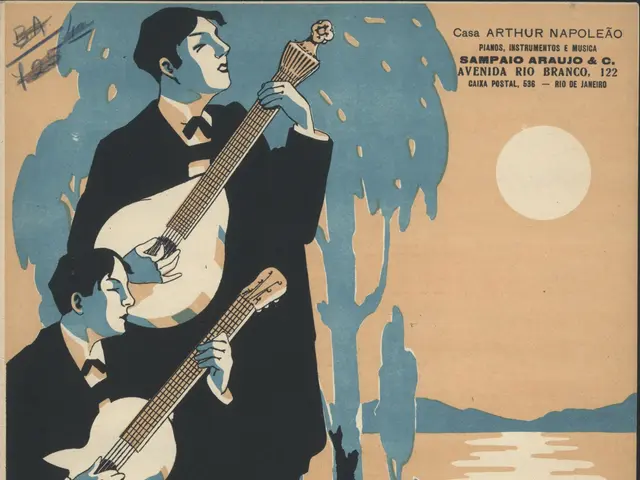 The image shows a poster of two people playing musical instruments, with the words "Fado do...