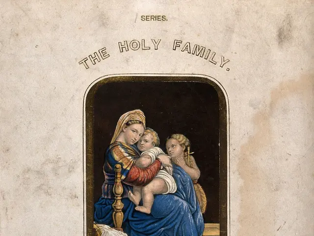 The image shows an old book with a picture of a woman holding a baby in her arms. The woman has a...