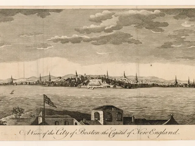 The image shows a view of the city of Boston, the capital of New England, with buildings, trees, a...