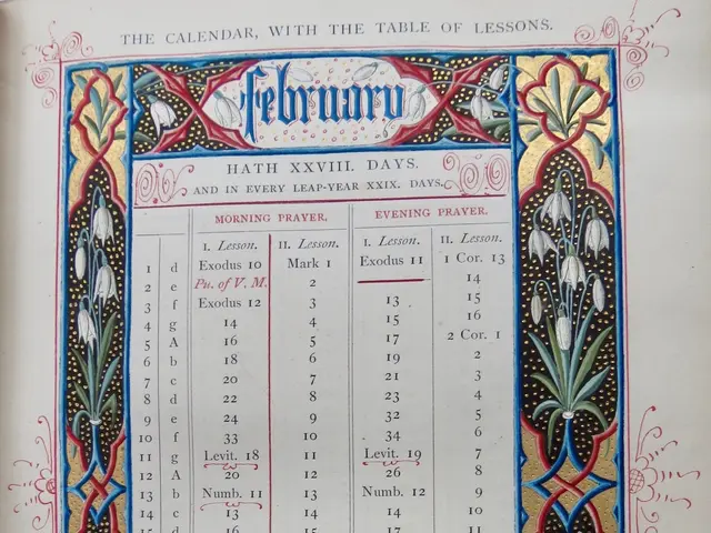 The image shows an open book with a calendar on it, featuring a design of flowers and text. The...