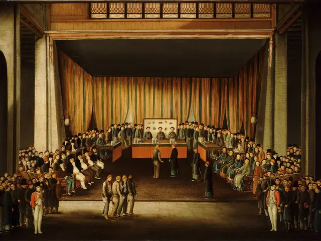 The image shows a painting of a large group of people standing in front of a stage, with some...
