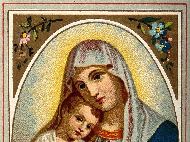 The image shows a woman holding a baby in her arms, with a poster of the Virgin Mary and Child...