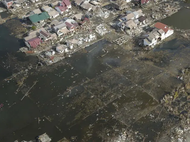 The image shows an aerial view of a devastated area in the Philippines, with buildings, water, and...