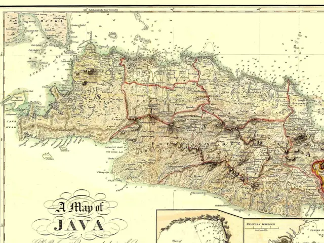 The image shows an old map of Java, Indonesia, with text at the bottom. It is a detailed map,...