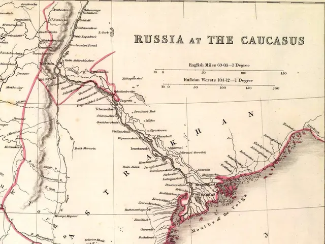 The image shows a paper with a map of Russia at the Caucasus, with text written on it. The map is...