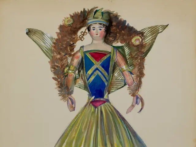 The image shows a painting of a woman in a green and blue dress with wings, which is believed to be...