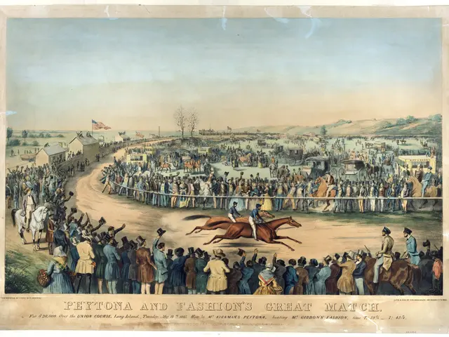 The image shows a painting of a crowd of people watching a horse race, with some of them sitting...