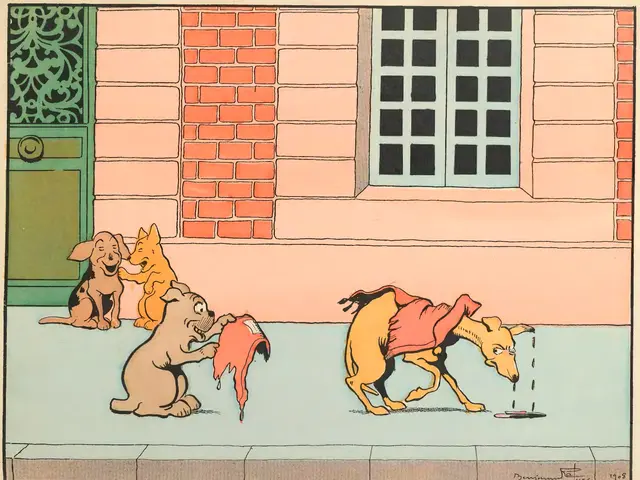 The image shows a cartoon of three dogs playing with a dog in front of a house. The house has a...