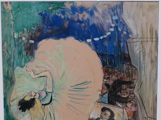 The image shows a painting of a woman in a green dress dancing on a stage, surrounded by a group of...