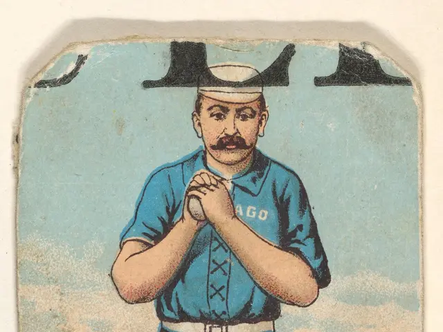 The image shows a baseball card with a picture of a man in a blue uniform standing in the center,...