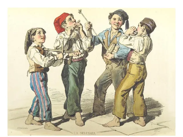 The image shows a painting of a group of children playing musical instruments, with a human face in...