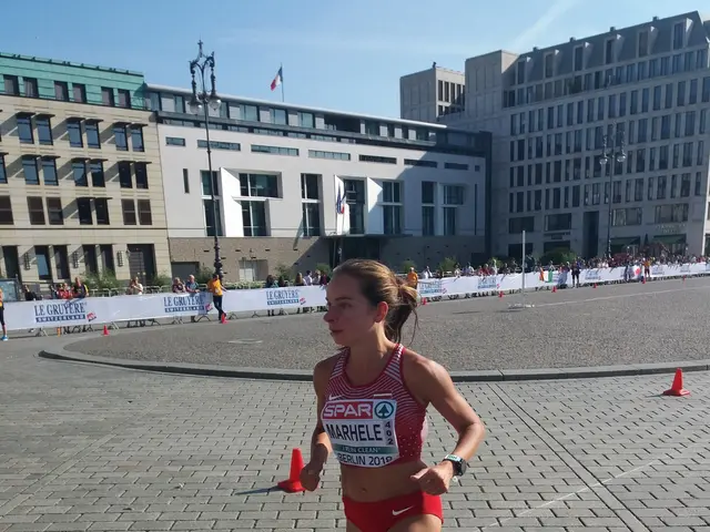 The image shows a woman running in a marathon wearing a sports uniform, surrounded by traffic...