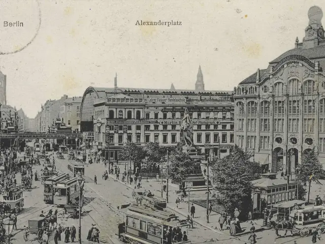 The image shows an old black and white photo of a city street in Berlin, Germany. There are many...