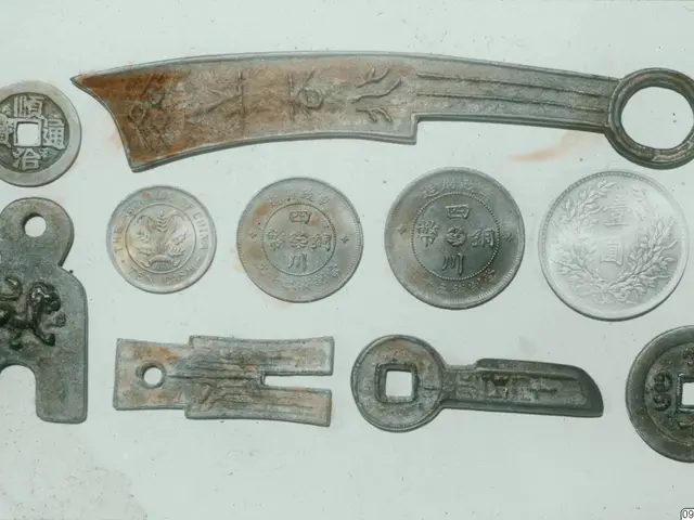 The image shows a collection of Chinese coins and a knife on a white surface. The coins are of...