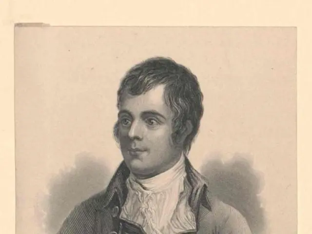 The image shows a portrait of Robert Burns, a man with a human face. He is wearing a suit and has a...