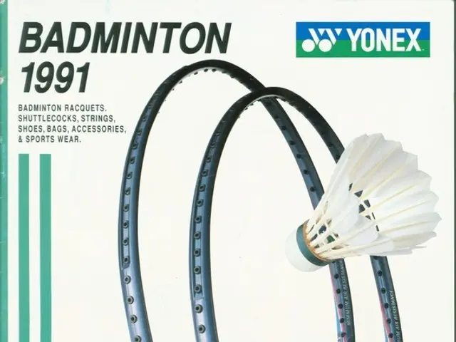 The image shows a poster of a Yonex 1991 Badminton Racket, with two badminton rackets and a...