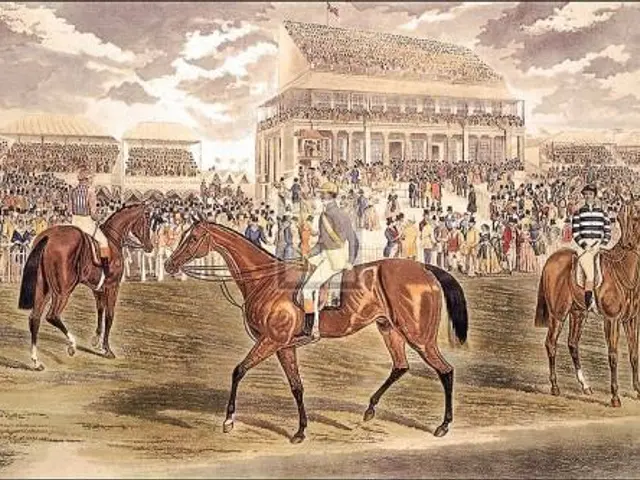 The image shows a painting of three jockeys on horses in front of a crowd of people, with a...