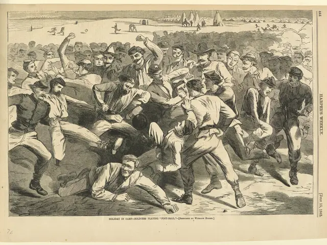 The image shows an old book with a drawing of a group of men playing a game of baseball. The paper...