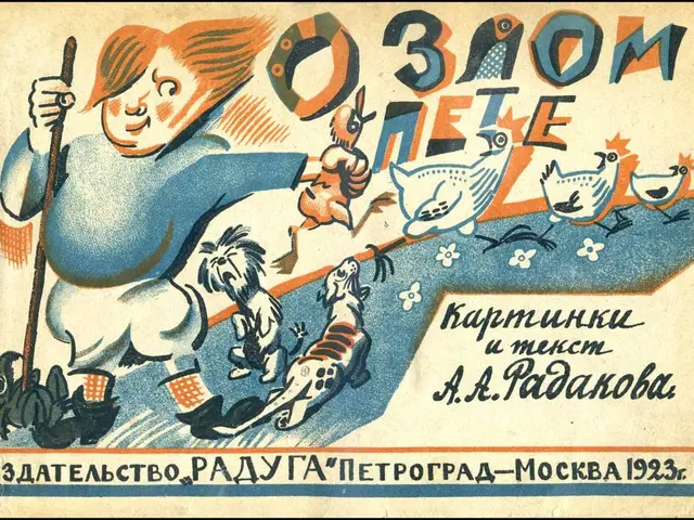 The image shows an old Soviet propaganda poster with a cartoon of a boy holding a stick and a dog,...