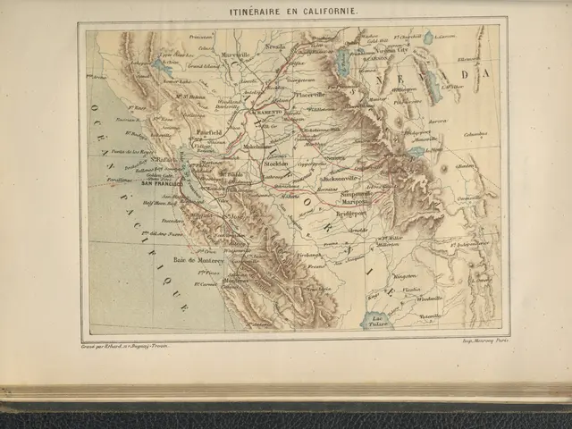 The image shows an old book with a map of California on it. The map is detailed and shows the...