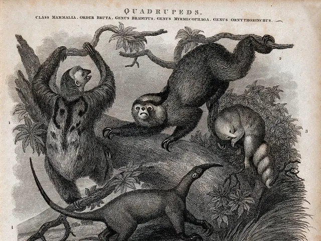The image shows an old book with a drawing of a group of animals, including a sloth, on it. The...