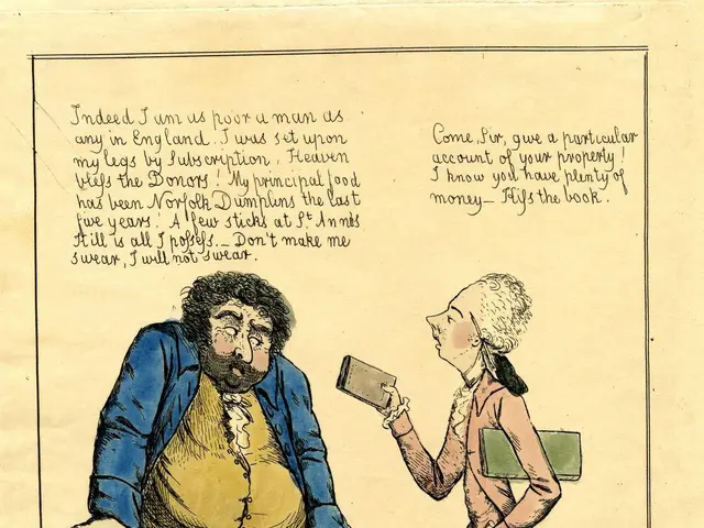 The image shows a cartoon of a man and a woman talking to each other, with the man holding a book...