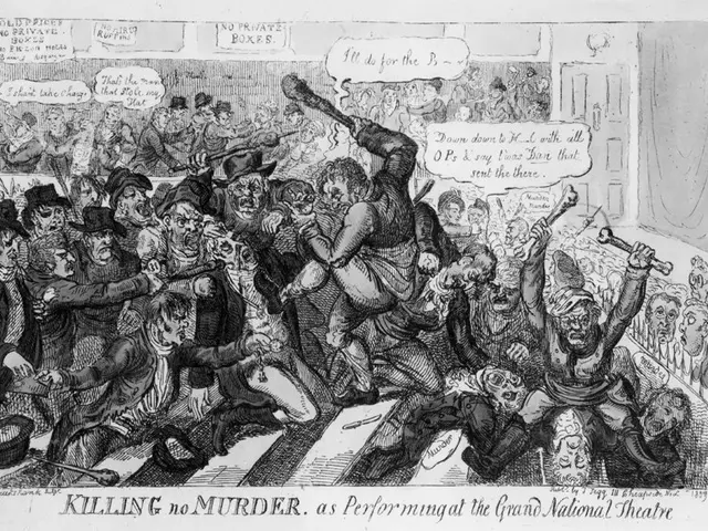 The image shows a black and white cartoon depicting a group of people in a room, with some of them...