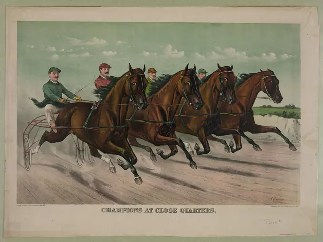 The image shows a group of people riding on the back of a horse-drawn carriage, racing down a road...