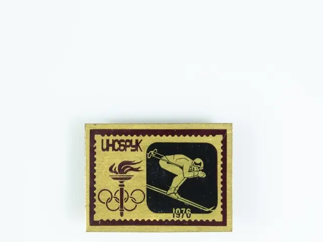 The image shows a white background with a stamp featuring a picture of a skier on it, along with...