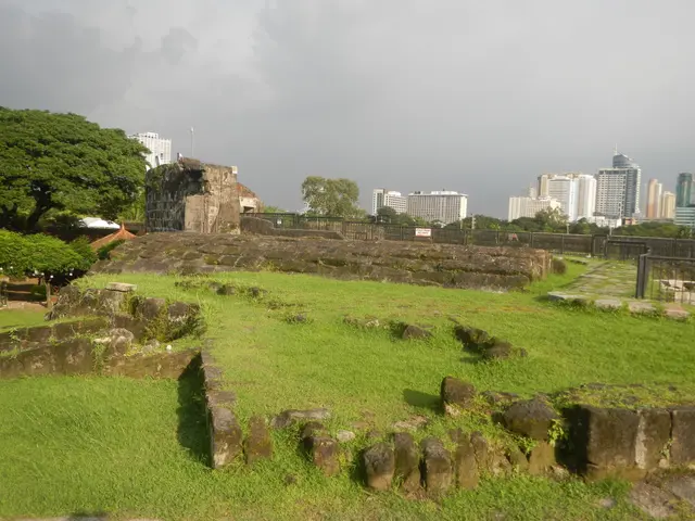 The image shows the ruins of the ancient city of San Francisco, California, with grass on the...