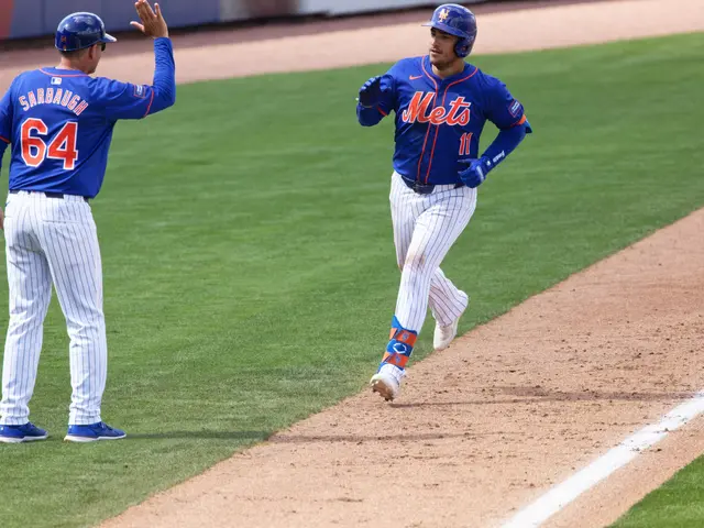 The image shows two baseball players standing on top of a grassy field, both wearing blue t-shirts,...