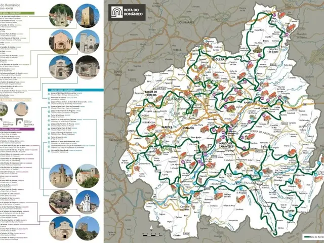 The image shows a poster of a map of Portugal with pictures of buildings and text on the left side....