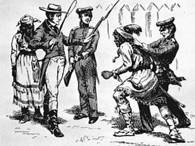 The image shows a black and white drawing of a group of people standing on the ground, some of them...