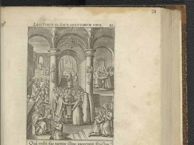The image shows an open book with an engraving of a group of people in a room. The book is placed...