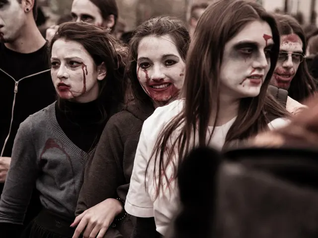 The image shows a group of people dressed up as zombies walking down a street, with buildings and...