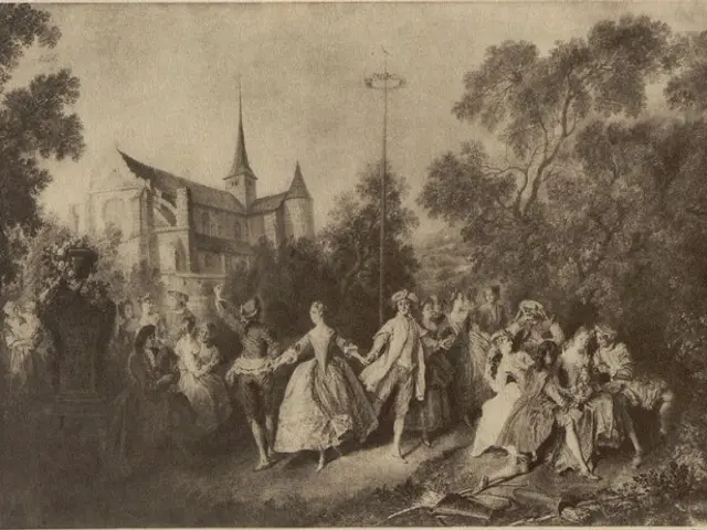 The image shows a black and white drawing of a group of people dancing in front of a church,...