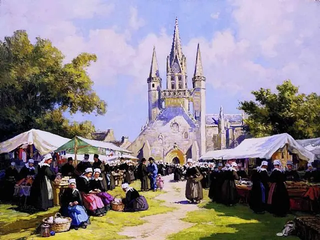 The image shows a painting of a bustling market in front of a church, with people milling around,...