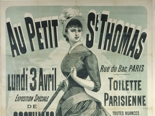 The image shows an old poster advertising a costume show featuring a woman in a dress. The poster...