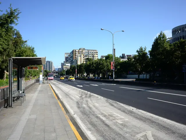 The image shows a city street with cars driving down it, a bus stop on the left side, trees and...