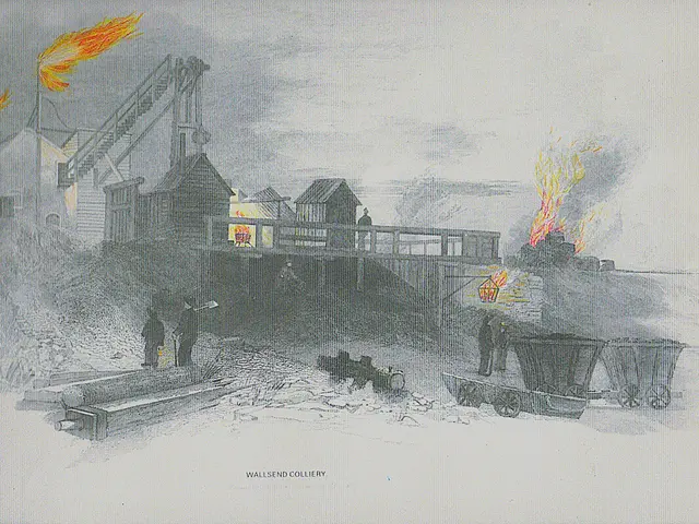 The image shows a drawing of a coal mine with a fire burning in the background, surrounded by...