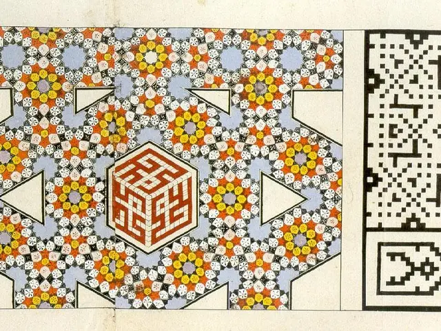 The image shows a page from a book with a pattern on it and a QR code on the right side. The...