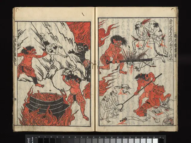 The image shows an open book with a drawing of a demon on it, set against a dark background. The...