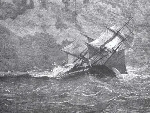 The image shows a black and white drawing of a sailing vessel in the ocean, with the sky in the...